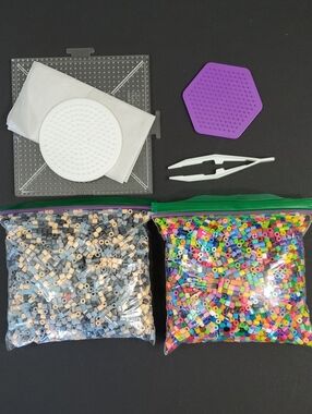 Perler Beads Set with 3 Pegboards & Tongs
